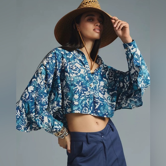 Anthropologie Tops - NEW Anthropologie Pilcro Batwing Ruffle Blouse Size Small Blue Floral NWT.  4